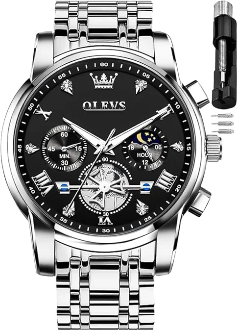 OLEVS Men Skeleton Watches Stainless Steel Analog Quartz Moon